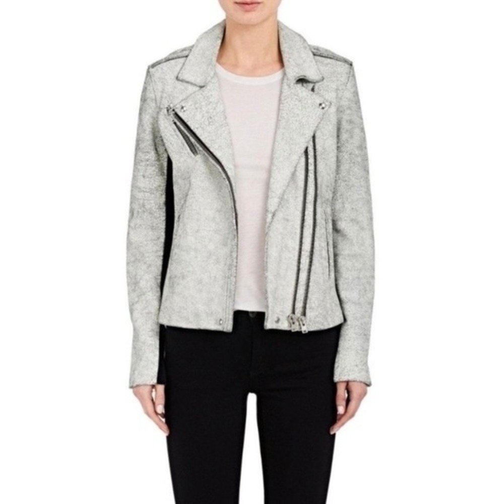 IRO Ilaria Ribbed Knit Paneled Cracked 100% Lamb Leather Moto Jacket Small NEW - Picture 8 of 12